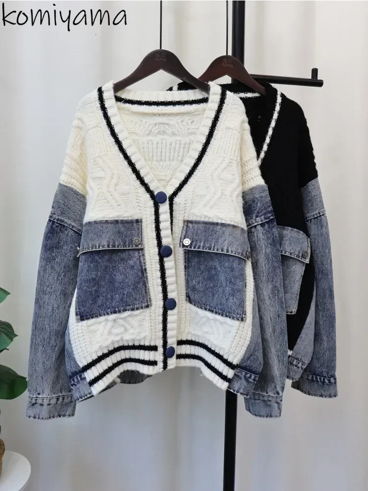Contrast Denim Outerwears VNeck Long Sleeve Ropa Mujer Loose Woman Cardigans Autumn Winter Double Pocket Sweater 241021