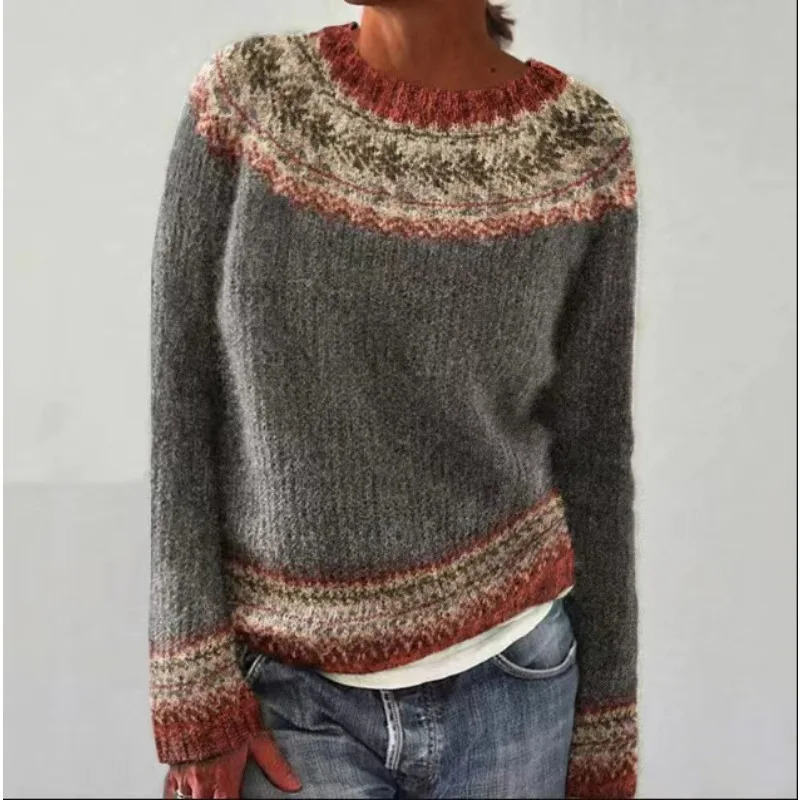 Womens Sweater European and American Sweater Womens Selling Round Neck Color Matching Loose Fashion Pullover Sweater 241022