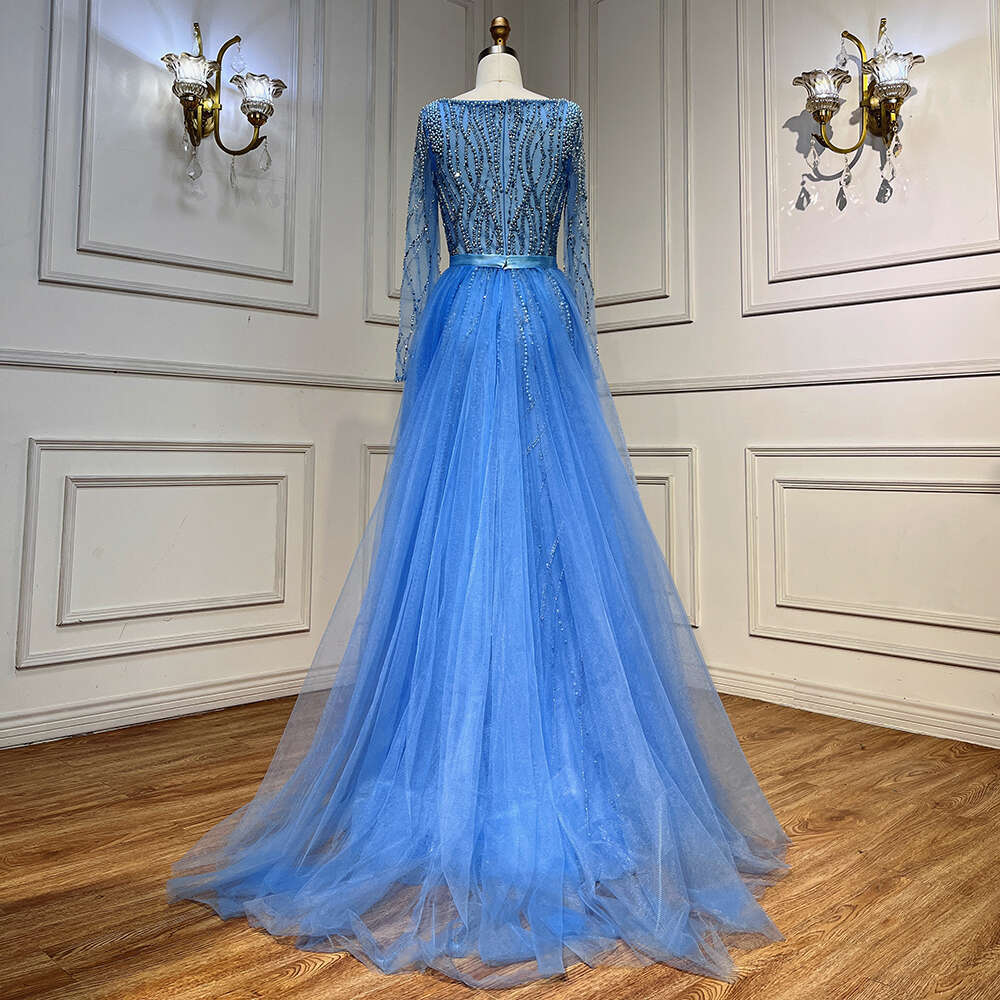 Serene Hill Blue Mermaid Pearls Beaded Arabic Elegant Evening Dresses Gowns For Woman Party