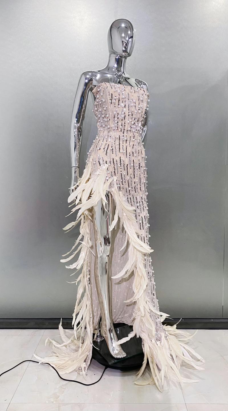 Strapless Pearl Maxi Dress, Sexy High Split Bodycon Evening Gown B1