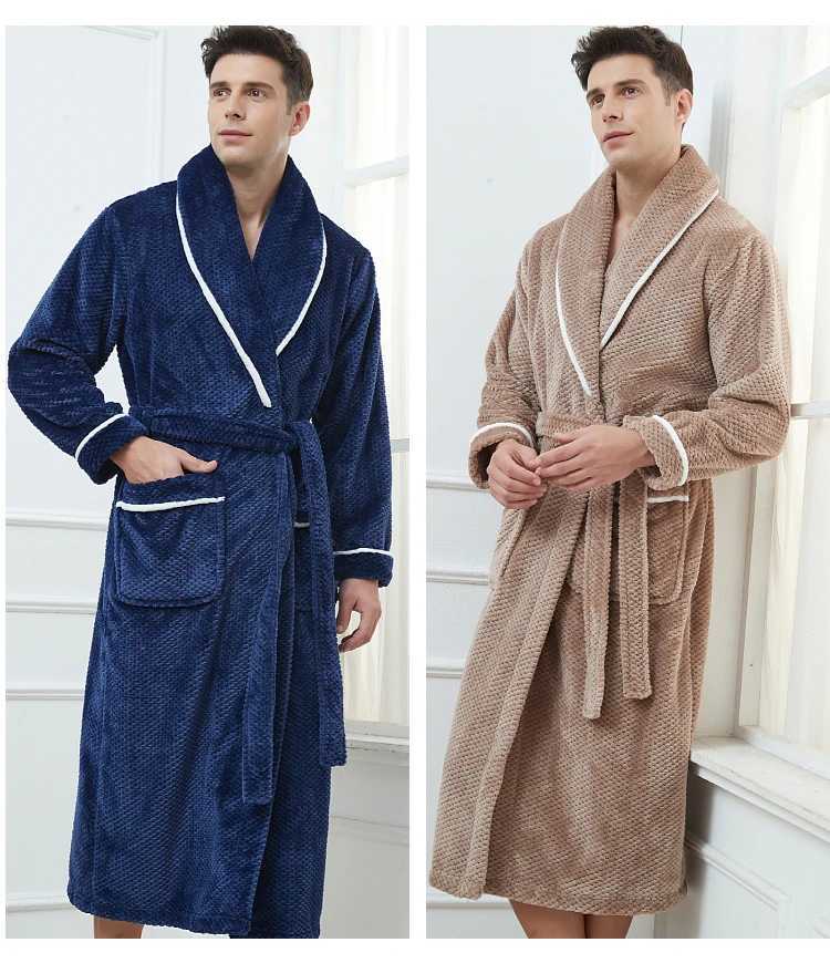 Mens Warm Flannel Bathroom Thick Collar Kimono Shower Robe Winter Autumn Spwear with Pocket Terrace+Size 3XL 4XL W241023