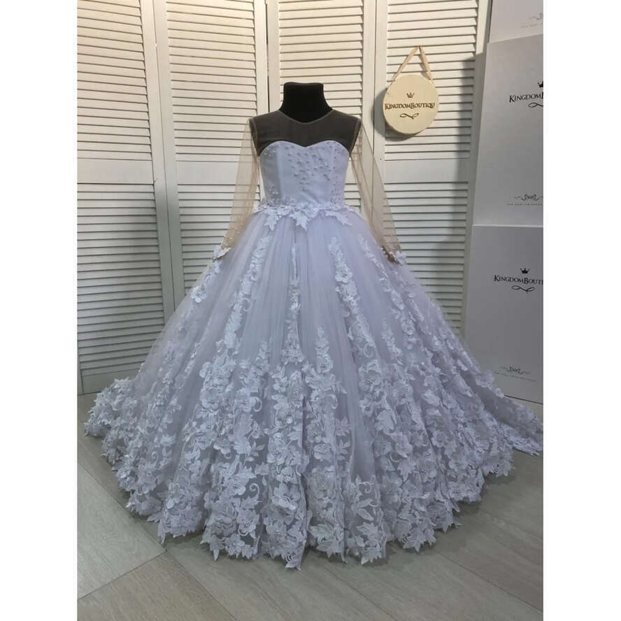 Wer Lace Princess Champagne Girl Dresses Sheer Sleeves Appliques Long Girls Pageant Gowns Formal Kids Birthday Party Communion Dress Custom Made Bc184