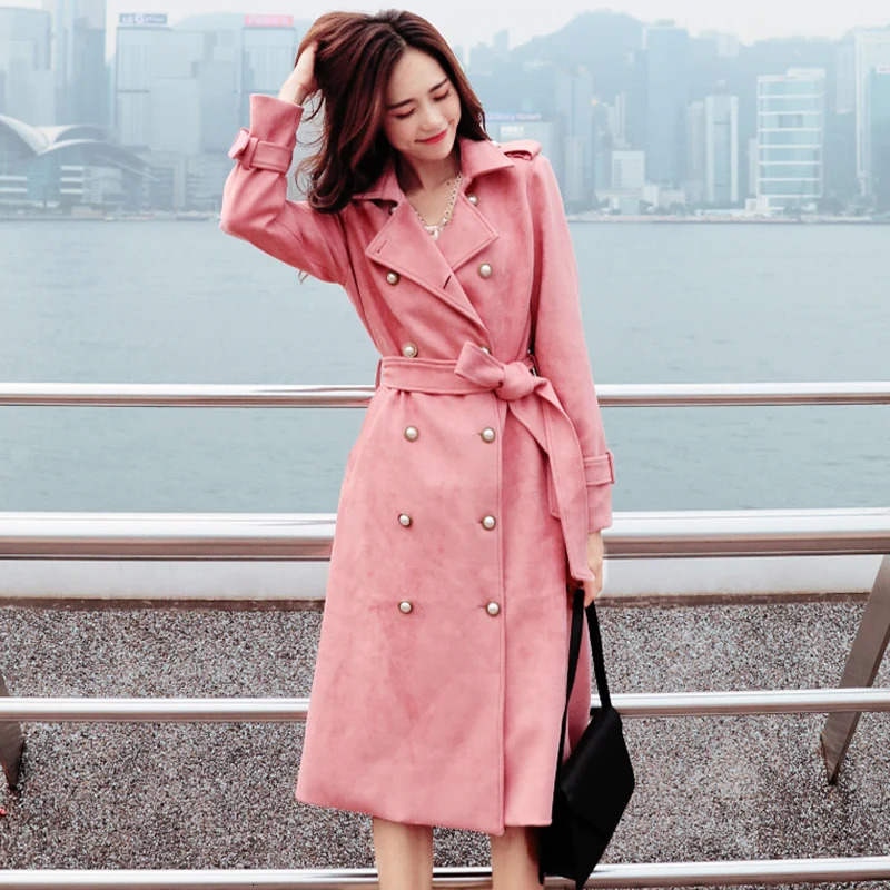 Womens double breasted long pink trench coat Korean fashion suede jacket 241022
