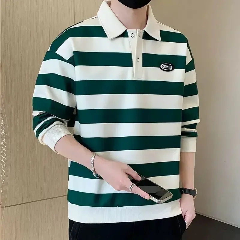 T Polo Shirts for Men Stripe Green Male Clothes Sweatshirts Normal Tops Aesthetic Korean Autumn Y2k Bulk 2024 Tee Sale It 241010