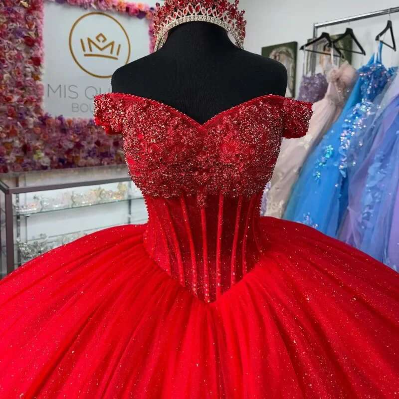 ANGELSBRIDEP Glitter Red Quinceanera Dress Ball Gowns Beading Crystal Tulle Corset Vestido 15 De Anos Sweet 16 Birthday Party