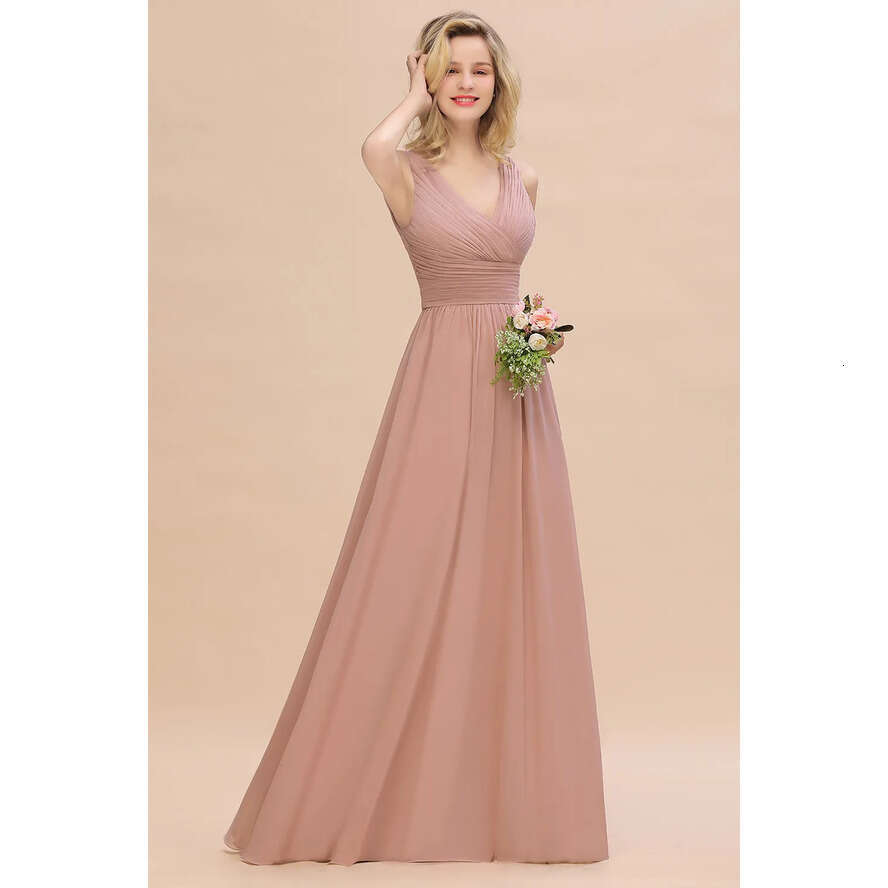 Chiffon Bridmesaid Pink Dusty Dresses Designer A E V Neck Pleats Long Summer Garden Bohemian Wedding Guest Maid Of Honor Gowns Custom Made Bm0752