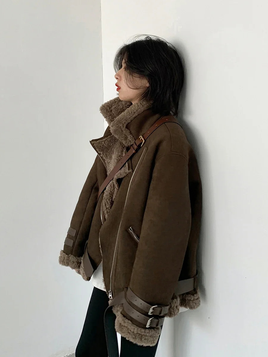 CHIC VEN Winter Jacket Womens Thick Artificial Suede Leather Jacket Street Retro Motorcycle Jacket Thick Plush Warm Bicycle Womens 241023