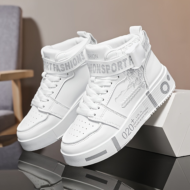 Men S High Top Fashionable Sports Shoes Casual Lace Up Solid Color PU Upper Breathable Lining Wear Resistant Rubber Outsole Comfortable Fabric Insole