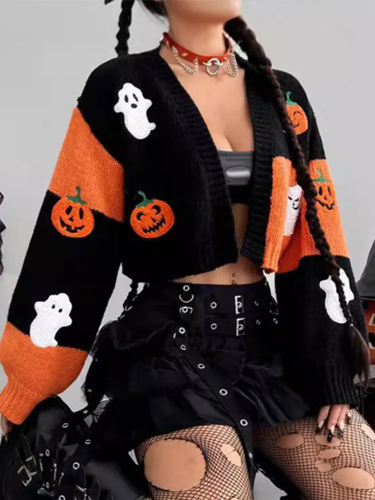 Casual Ghost Pumpkin Pattern Knitted Cardigan Retro Long Sleeve Patchwork Womens Crop Sweater Autumn Womens Clothing 241022