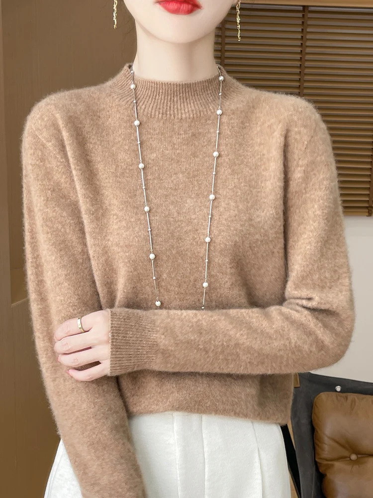 Fashion 100% Merino Wool Sweater Womens MockNeck Knitwear Cashmere Pullovers Autumn Winter Long Sleeve Jumpers Clothing Tops 241021