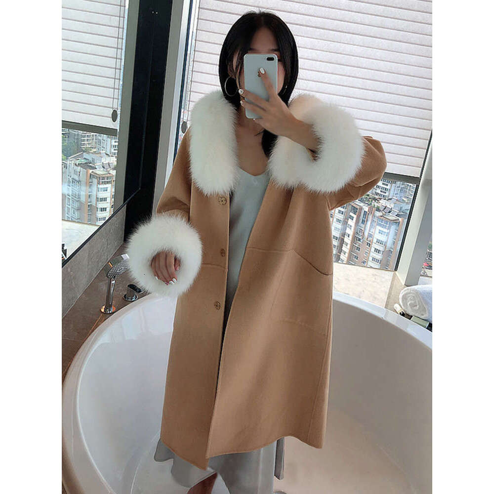 Rose New Double-Sided Cashmere Sheepwool Fox Collar Long Female Slim Hooded Real Fur Wool Coat Fashion Loose Winter