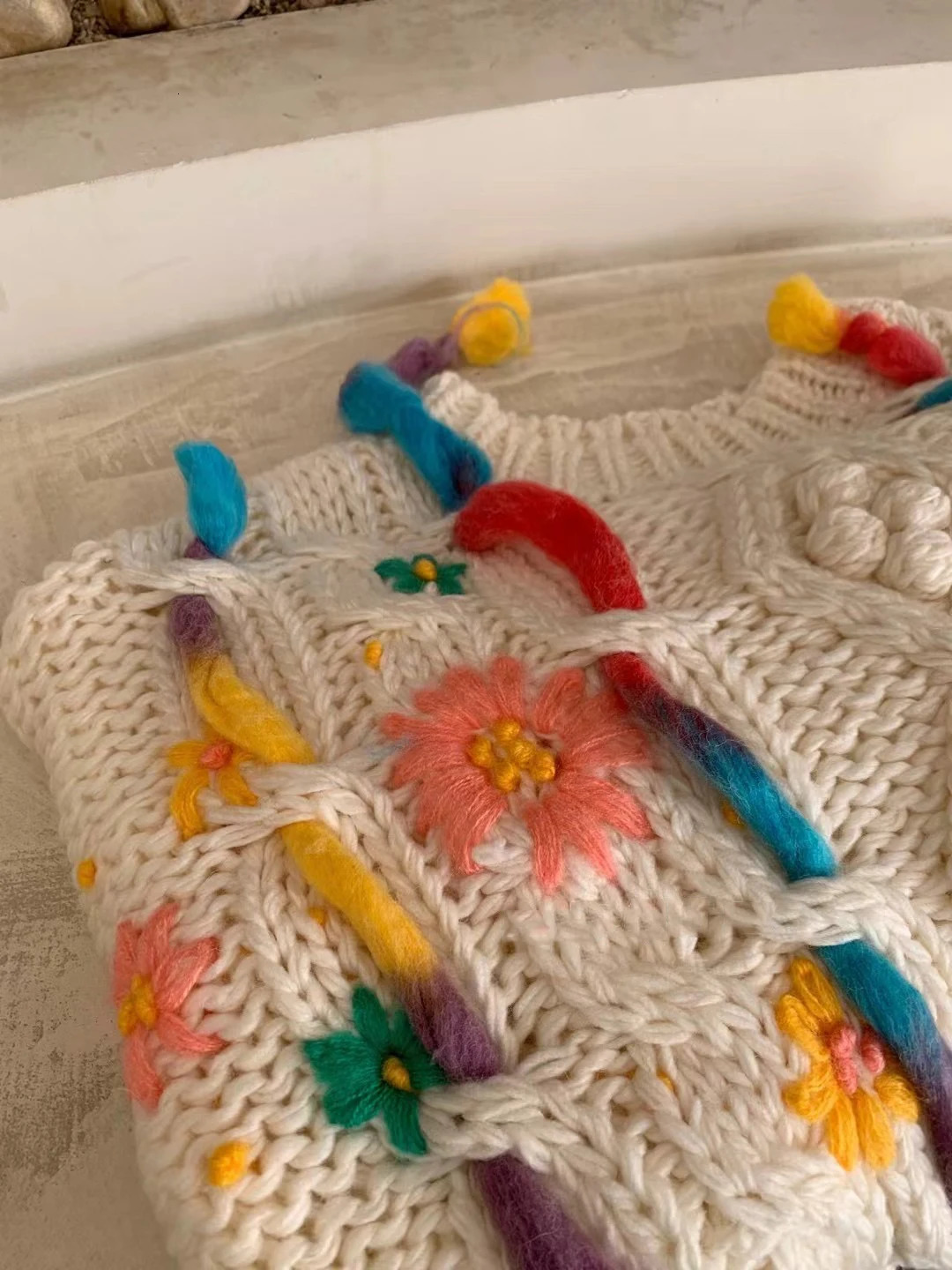 Handknit Coarse Wool Blend Knitted Sweater Colorful Tassel Pullover Tops Autumn Winter Sexy Streetwear Y2K Knitwear C230