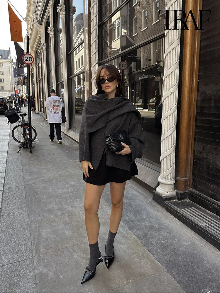 TRAF Womens Autumn and Winter Casual Scarf Collar Coat Pure Color Knit Short Fashion Warm Single Breasted Long Sleeve 241010
