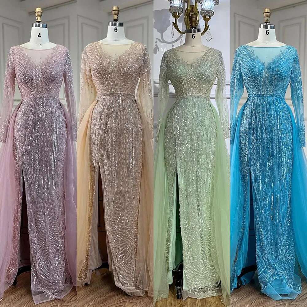 Hill Arabic Serene Pink With Overskirt Mermaid Beaded Evening Dresses Gowns For Women's Party 2024 Prom
