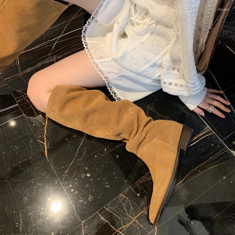 Boots Western Cowgirls Cool Shoes Woman Natural Suede Spring Autumn Botas Slip On Ladies Shoe Casual Style Wier Pleated