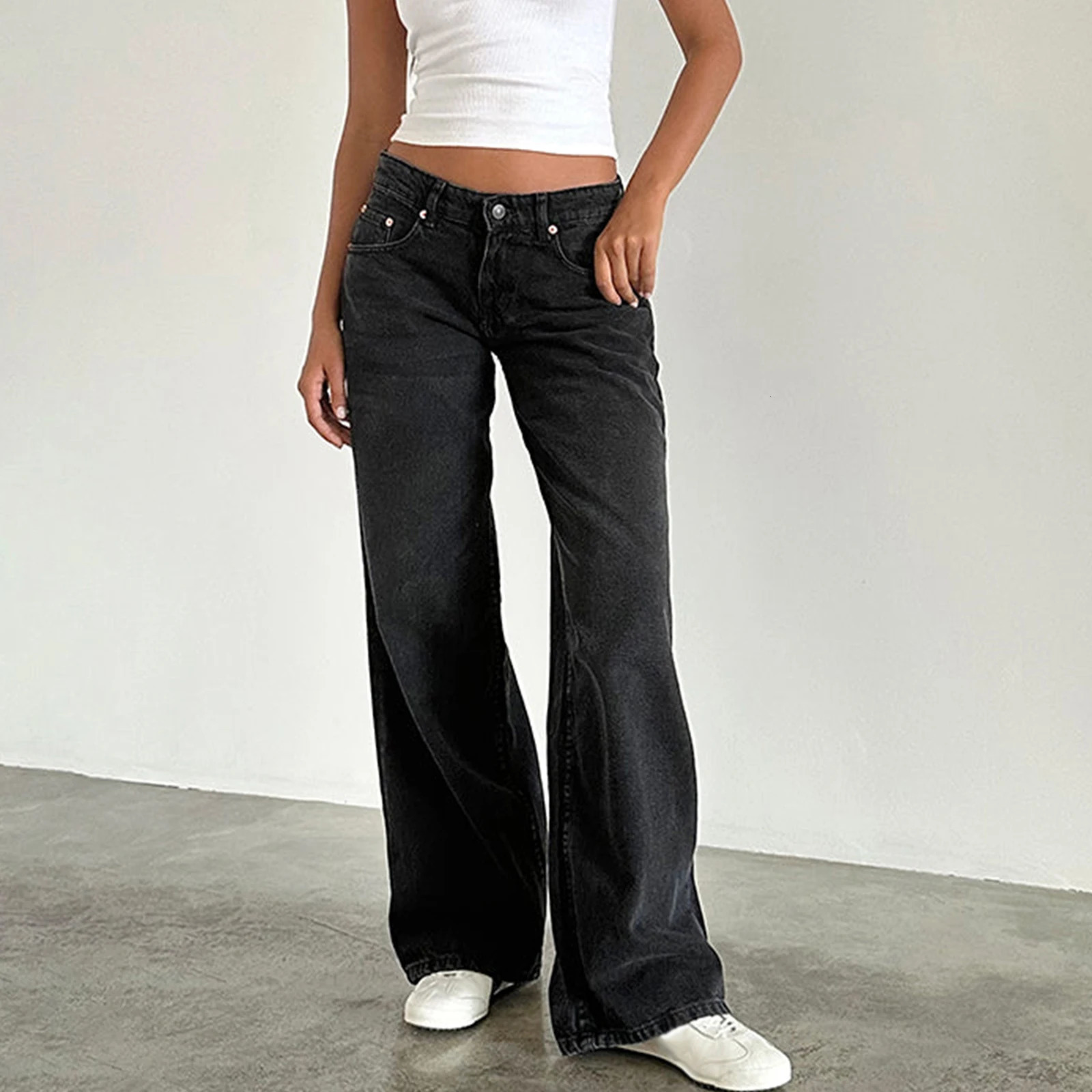 Y2K womens pocket jeans fashionable low rise casual straight leg boyfriend jeans pocket streetwear 241023