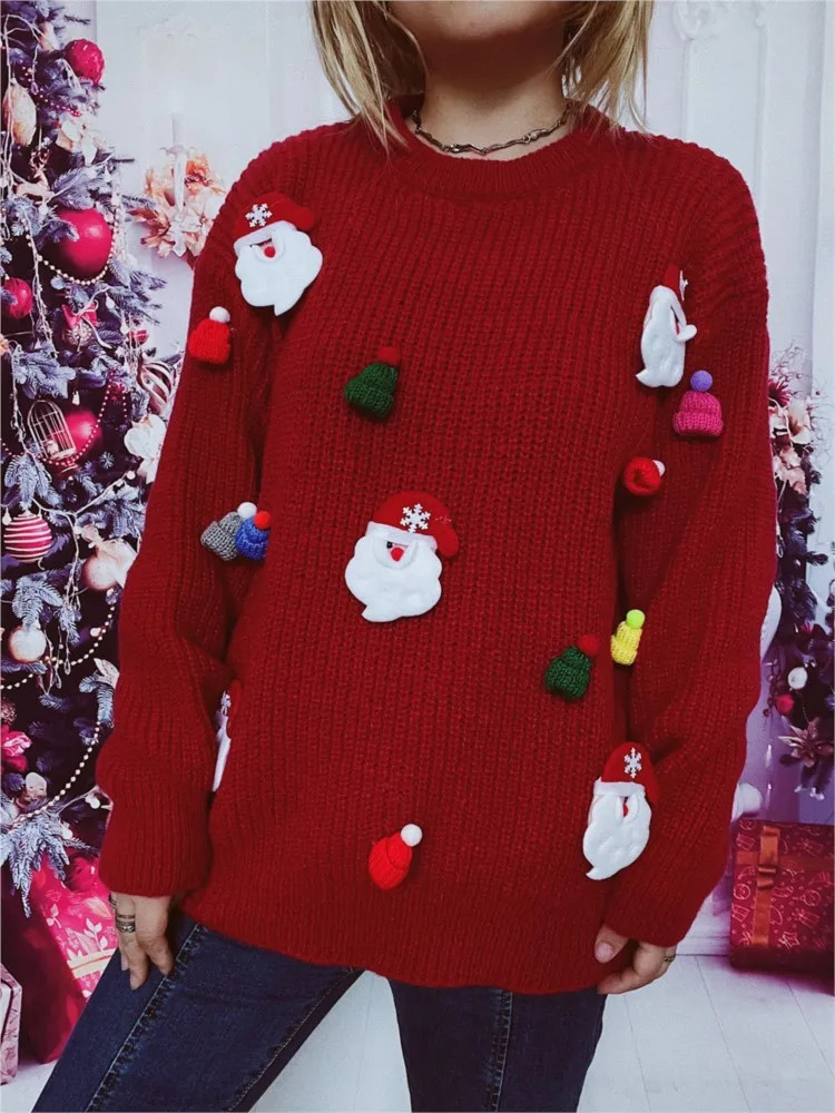 Ugly Christmas Santa Claus Knitted Sweater Women Autumn Winter Fashion Loose ONeck Long Sleeve Red Pullover Jumper 241021