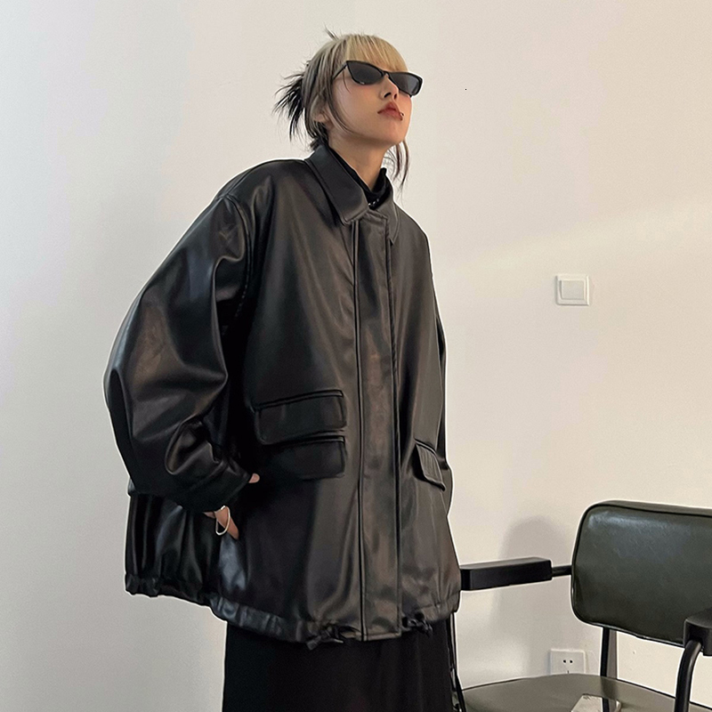 Streetwear Black Pu Faux Leather Coats Women Oversized Gothic Jackets Y2k Loose Pocket Cool Ladies Casual Soft Outerwear