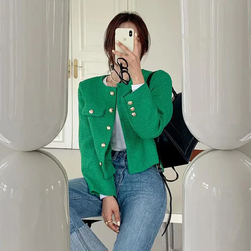 Womens coarse tweed single chest open top jacket elegant long sleeved jacket office O-neck solid top autumn warm jacket 241023