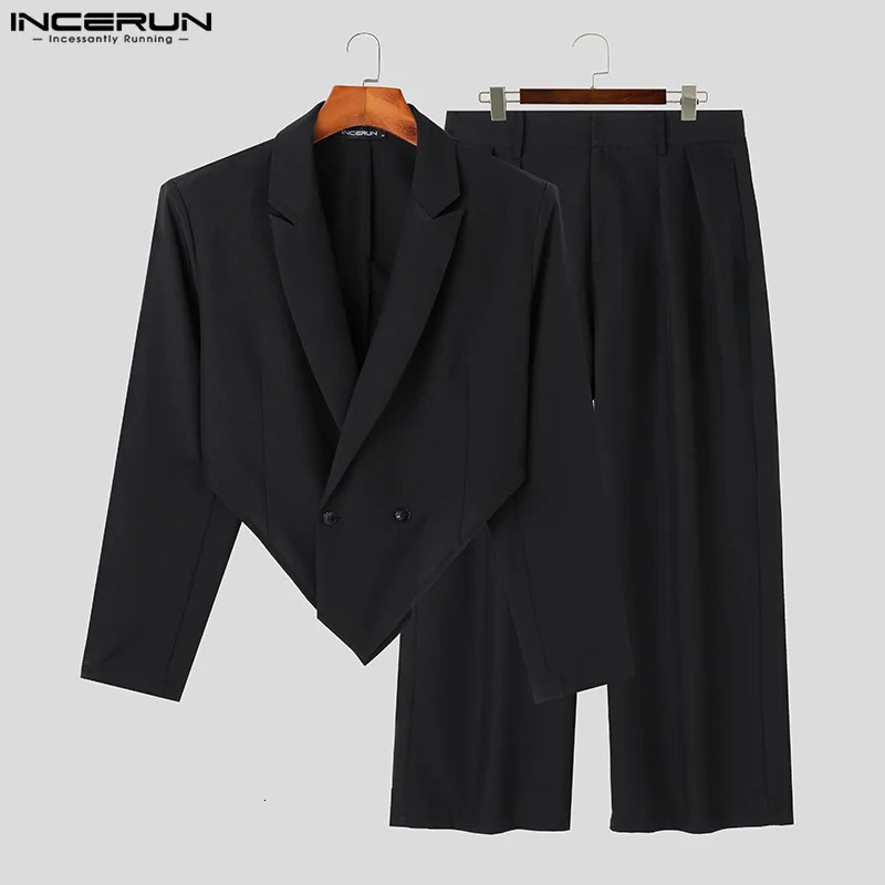 INCERUN Mens Solid Color Autumn Collar Long Sleeve Irregular Jacket and Pants 2PCS Street Clothing Mens Casual Set 241023