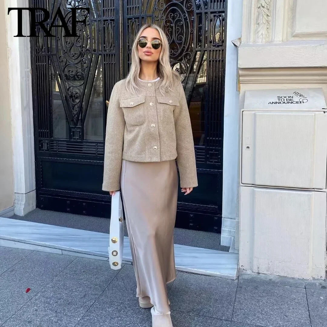 TRAF Womens Fashion Spring Collection Flip Pocket Single Chest Crewneck Jacket Coarse Floral Short Coat Fashion Womens Top Unprinted Good Product 2410