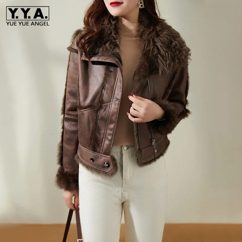 Womens Suede Short Coat Autumn Natural Rabbit Fur Splicing Jacket Street Clothing Office Womens Full Set Coat S-XL 241023