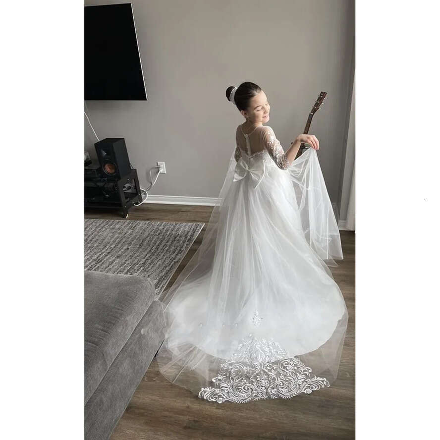 Lace Cute Wer Boho Girl Princess A E Sheer Tulle Long Sleeves Crew Neck Appliques Big Bow Sash Back Kids Formal Party Birthday Communion Dresses ppliq