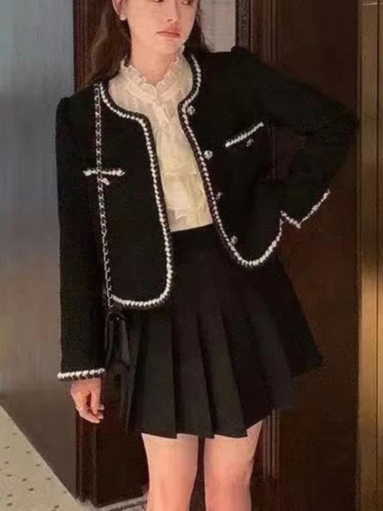 Autumn and winter fashion retro jacket for women Korean elegant single chest cut jacket coarse tweed long sleeved casual short sleeved jacket 241023