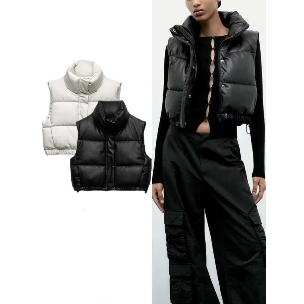 ZBZA Fall Winter New Women Fashion Thick Warm Faux Leather Cropped Padded Waistcoat High Neck PU Vest Female Outerwear Chic Tops