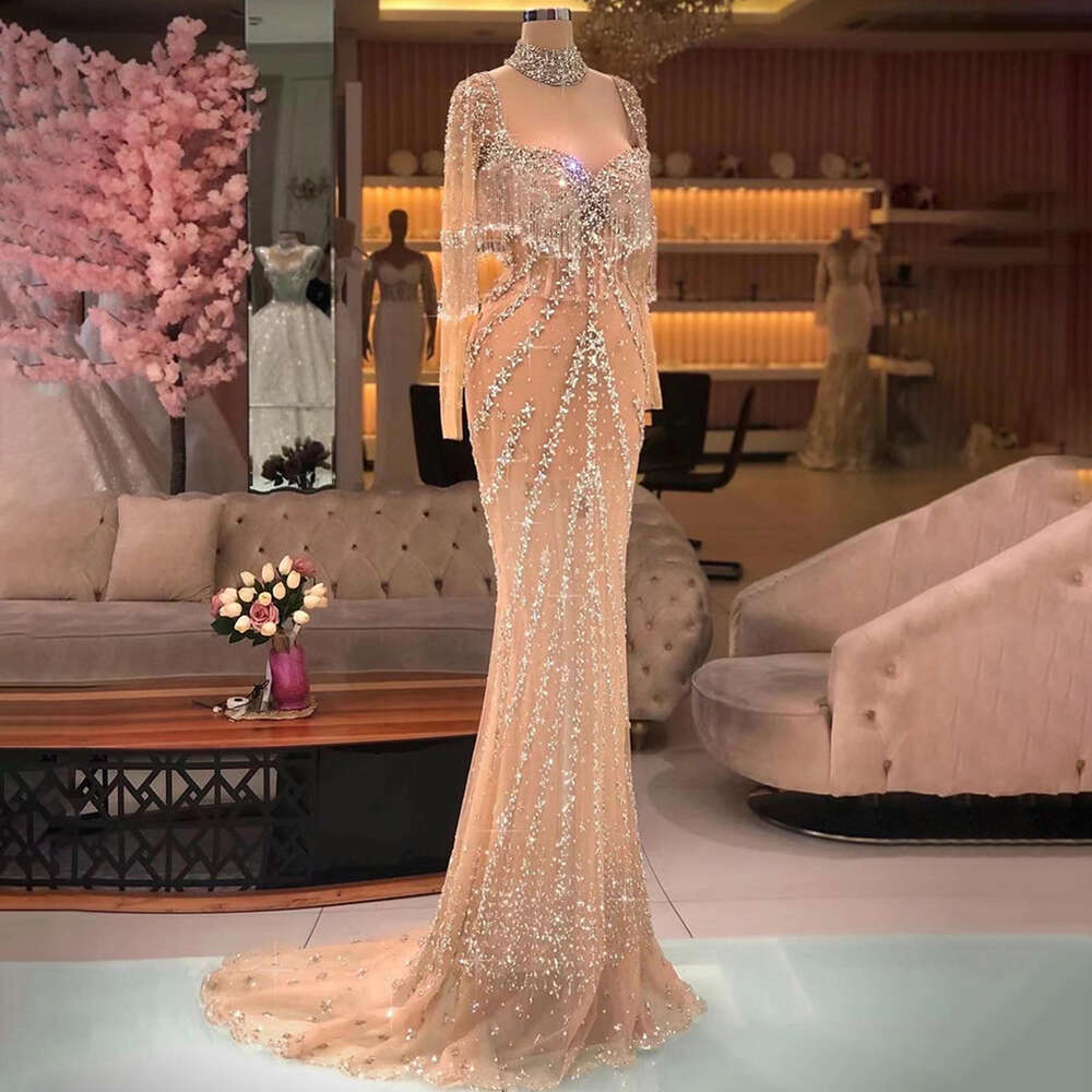 Sexy Serene Hill Sliver Nude Tassel Beaded Mermaid Arabic Long Evening Dresses Gowns For Woman Party