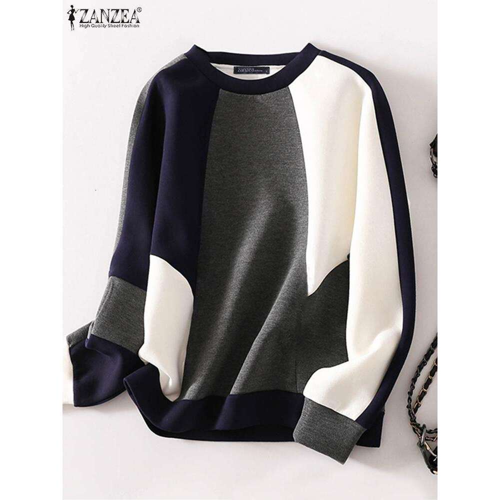 High end Fashion ZANZEA Autumn Pullover Tops Color Block Women Long Sleeve Korean Style Sweatshirts Casual Loose O Neck Hoodies