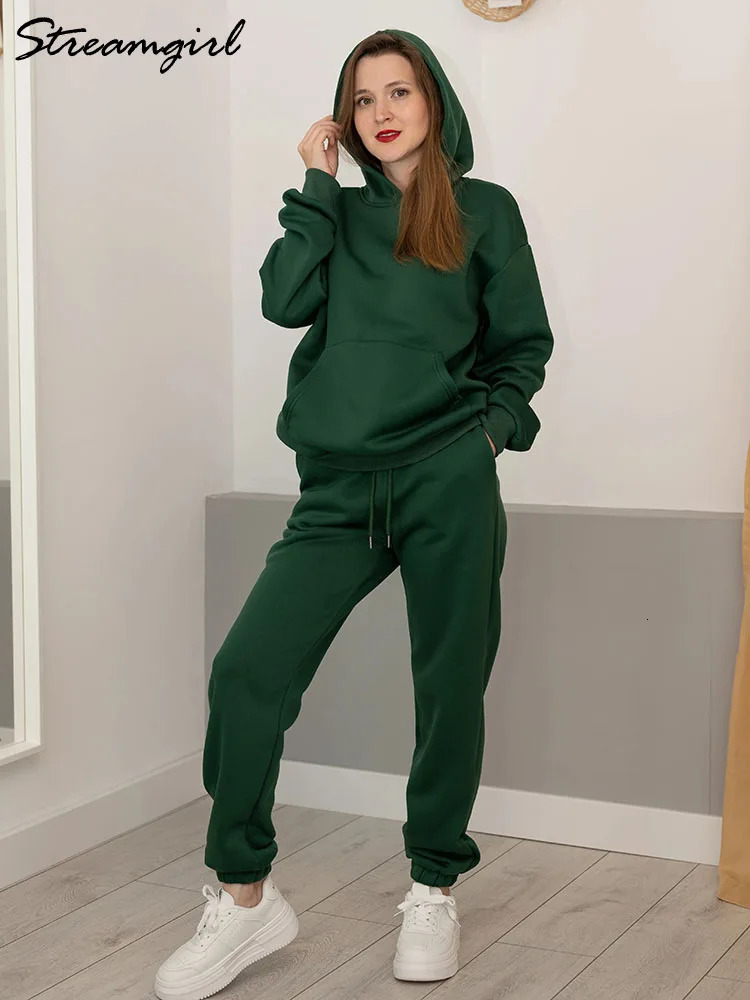 Winter sportswear set womens wool hooded two-piece set casual loose winter warm womens two-piece set 241023