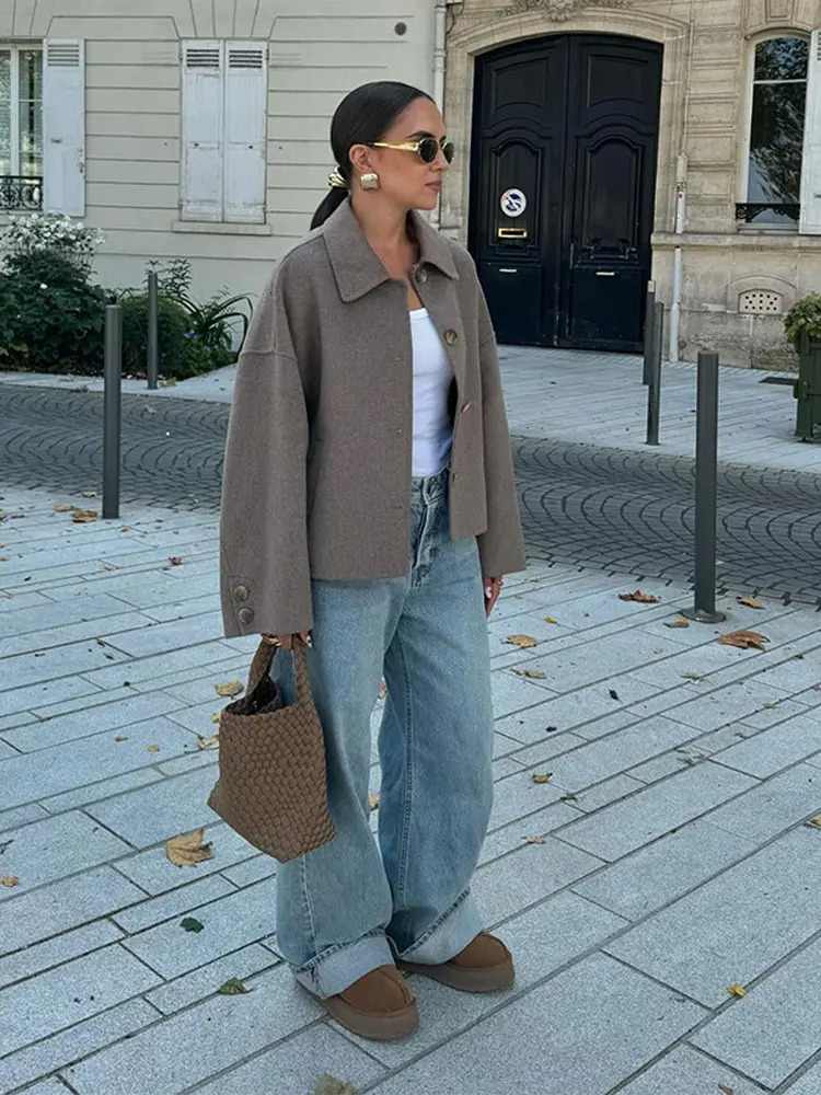 Single breasted lapel solid color wool womens jacket long sleeved bedding coat long sleeved autumn womens casual jacket 241022