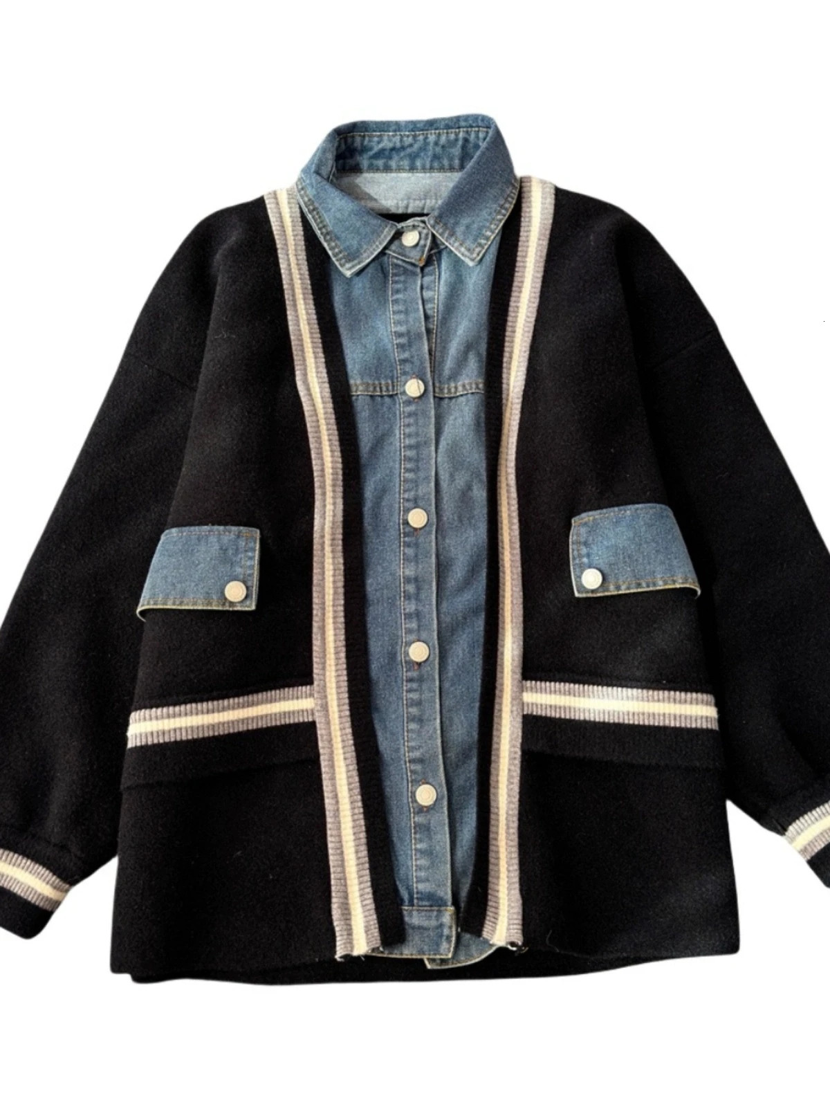 Denim Knitted Splicing Coat Warm Short and Fat Open Knitted Sweater Top Womens Spring and Autumn Knitted Clothing 241022
