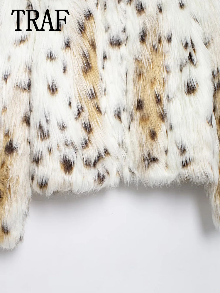 TRAF Women's Fluffy Faux Fur Warm Fashion Animal Print Long Sleeve Overcoats Thick Outerwear Casual Coat Female
