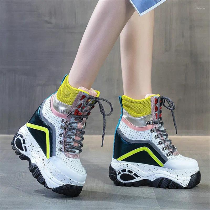 Boots High Top Fashion Sneakers Women Lace Up Genuine Leather Heel Ankle Female Shiny Glitter Round Toe Platform Pumps Shoe