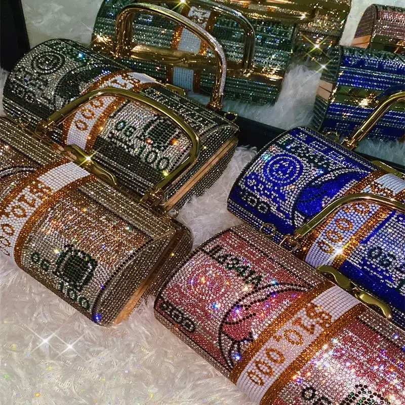 Trend Rhinestone Womens Handbag Shiny Round Dinner Bag Fashion Metal Chain Diamond Party Wedding Wallet 241023