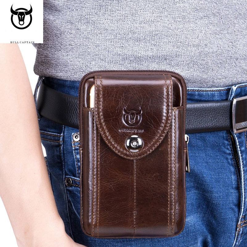 Bullcaptain leather mens fashionable waist bag retro travel sports belt running bag mens phone clutch wallet JYB072 241023