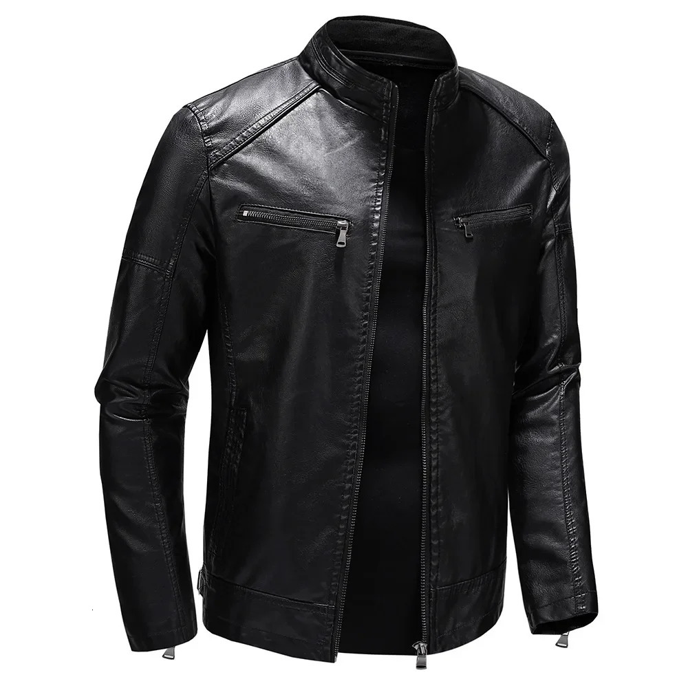 Mens Autumn/Winter Mens PU Leather Jacket Short Stand Collar Motorcycle Leather Jacket 241023