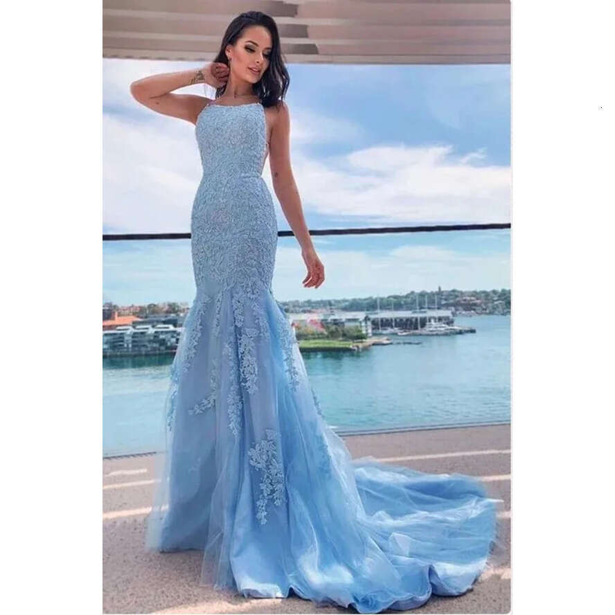Tulle Lace Backless Sexy Appliques Mermaid Prom Dresses Long Halter Spaghetti Straps Women Ocn Evening Gowns