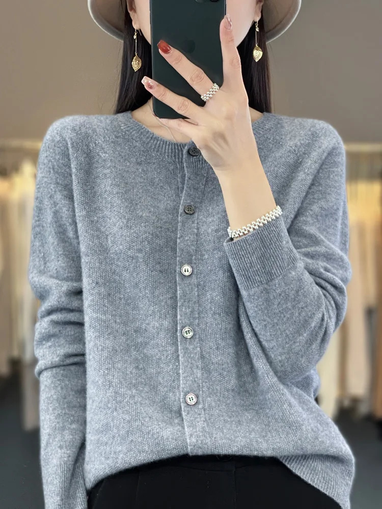 fashion spring womens O-neck elegant cardigan sweater 100% Merino wool solid cashmere knitted womens clothing Korean style top 241022