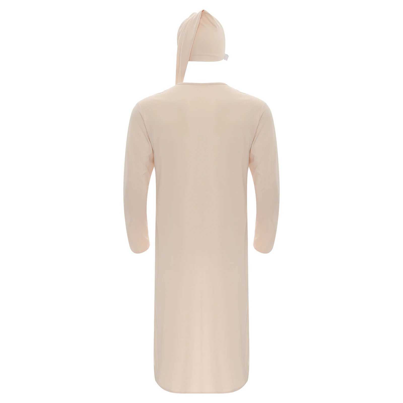 Mens solid Sp robe round neck long Sve Spwear pajamas loose bathroom pajamas with Pom pom hat W241023