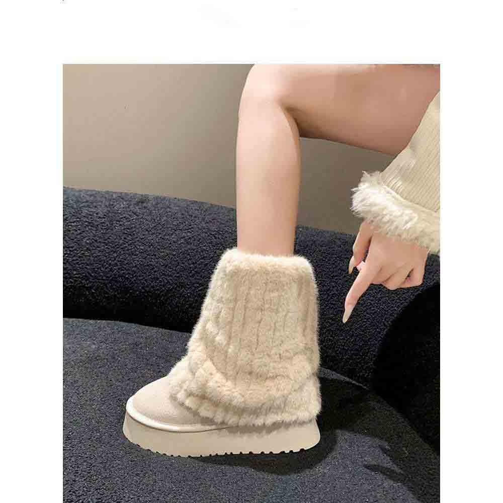 Winter Boots With Fur Round Toe Boots-Women Flat Heel Clogs Platform Female Shoes Australia Plush 2024 Lolita Rubber Padded Mid