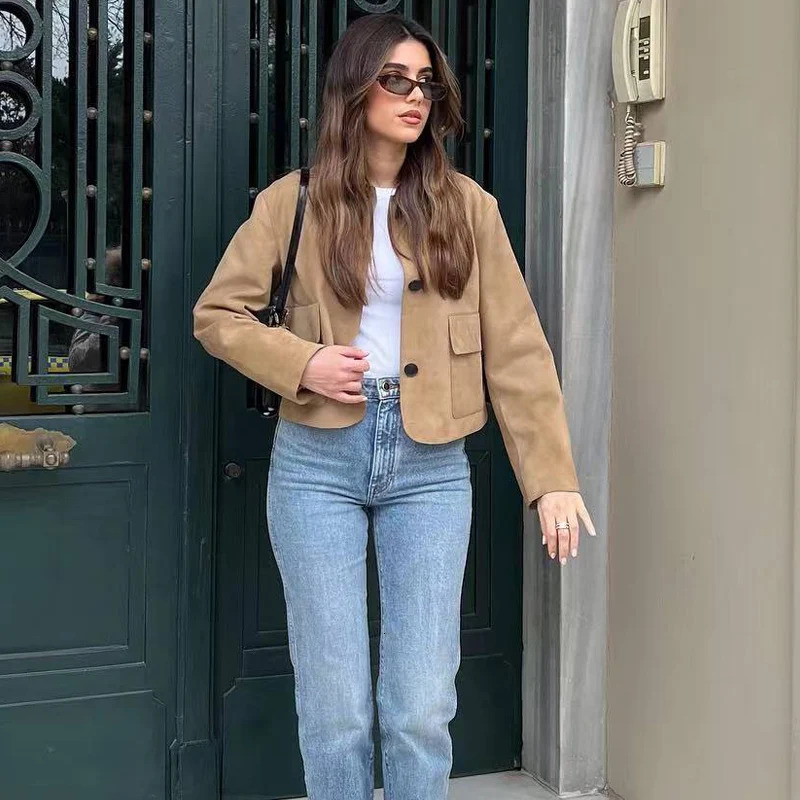 HXAO crop suede jacket womens retro office womens coat button jacket half season womens long sleeved bomber jacket 241023