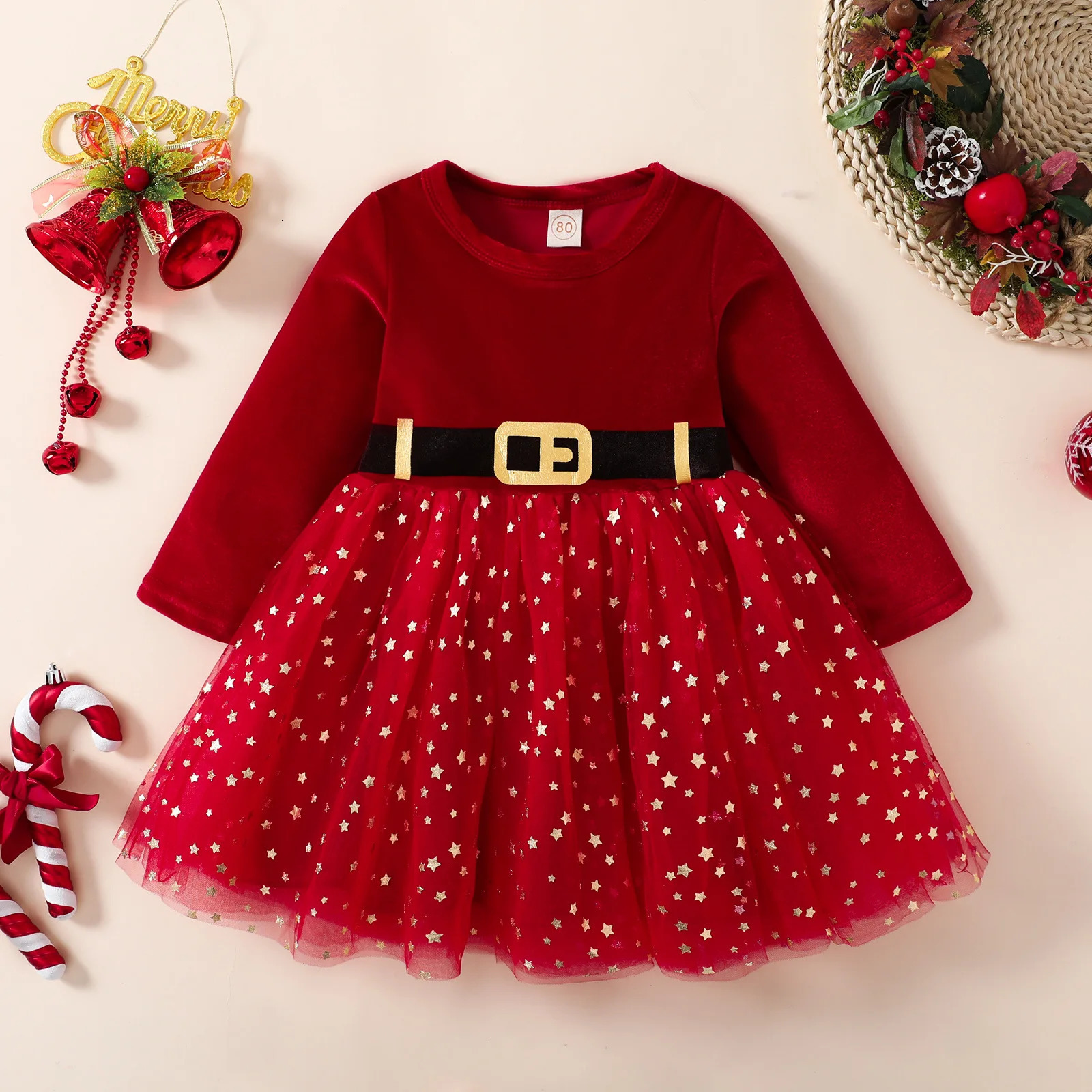 Christmas baby clothing 1-5 Y girl star grid patchwork dress autumn long sleeved princess dress Years clothing 241022