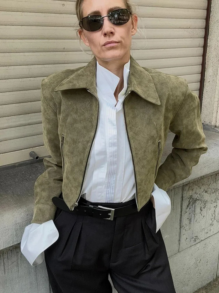 Elegant military green suede short jacket for women fashionable lapel long sleeved zipper cut jacket autumn womens Communicating Streetwear 241023