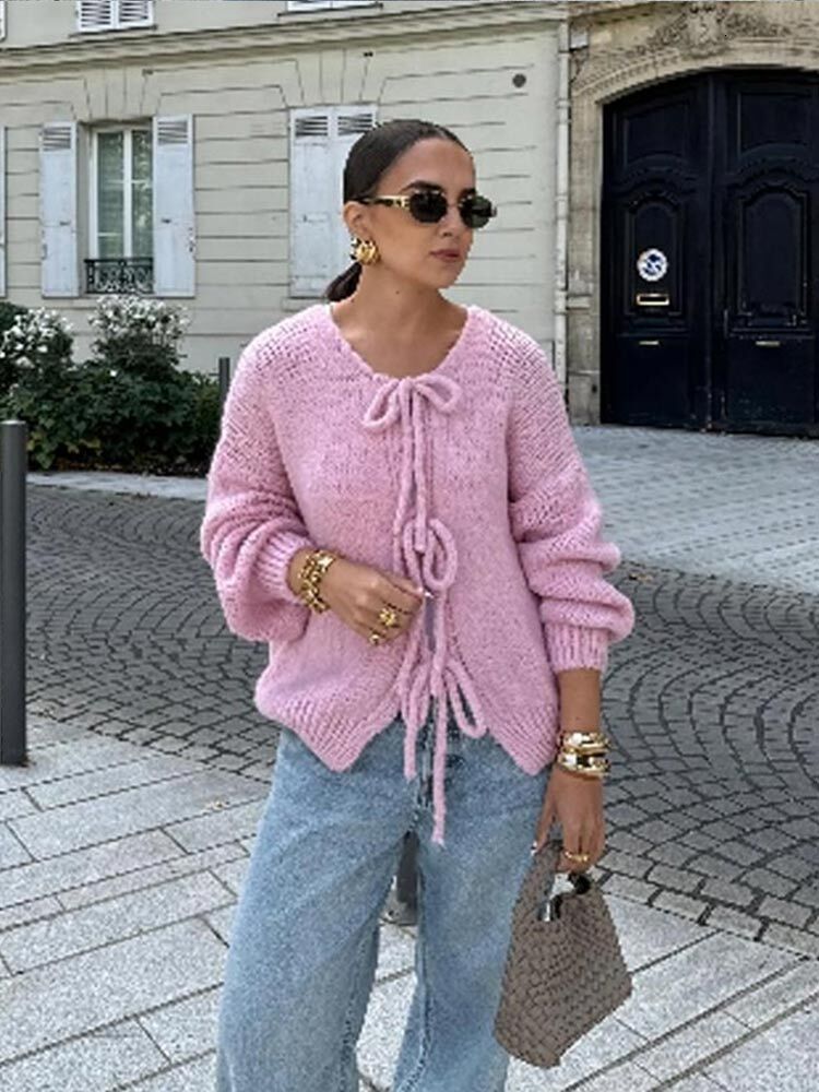 Fashion Casual Brown Lace Up Bow Knitted Cardigan O-Neck Long Sleeve Hollow Out Sweater Autumn Female High Street Knitwear