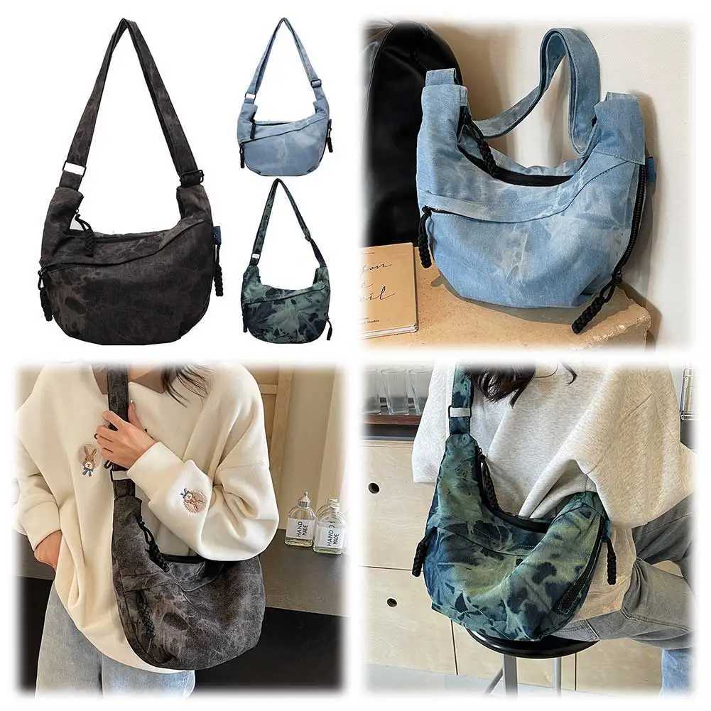 Women Canvas Hobo Sling Bag Multi Pockets Half Moon Large Capacity Daily Messenger Adjustable Strap Simple Satchel 241023