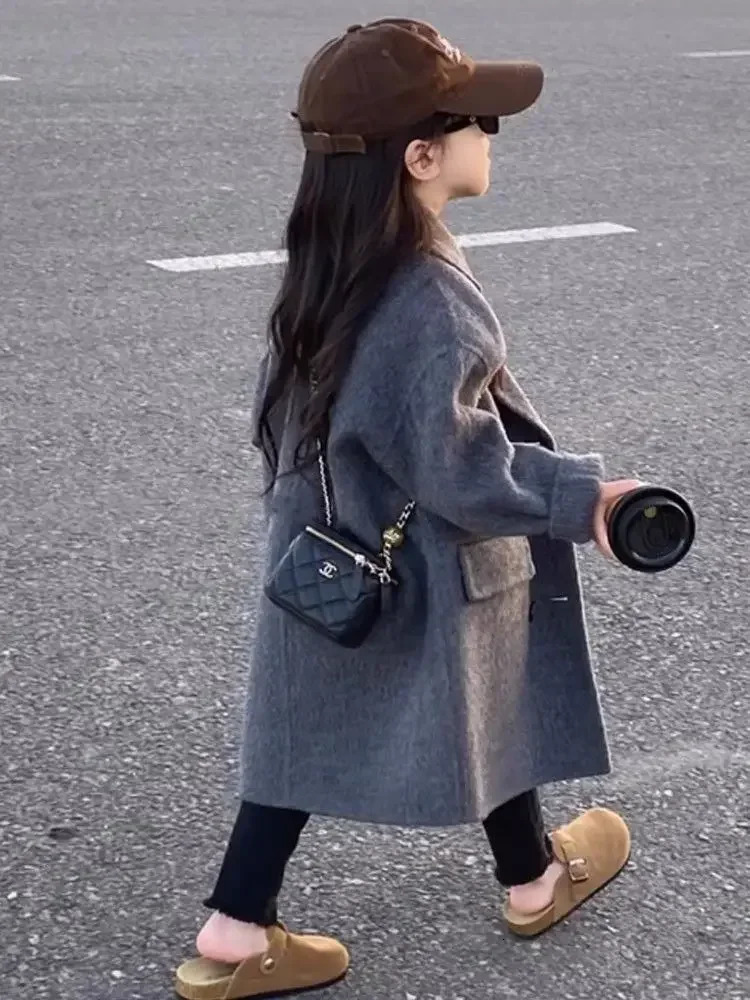 Girls coat Korean style childrens clothing autumn and winter item lapel long groove fashion thick double-sided coarse woolen coat 241022
