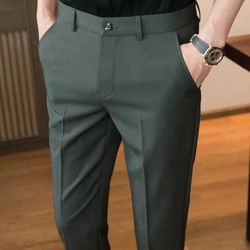 Slim Fit Elastic Draped 9 Cropped Fluid Social Tailoring Mens Summer Pants Business Male Suit Trousers Tressed Stretch ElegantX241023